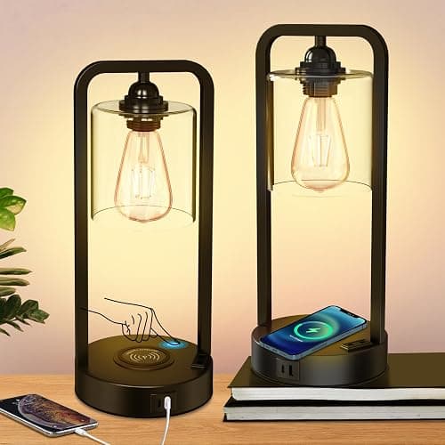 Wireless Charging Table Lamp for Bedroom Set of 2, Touch Control Dimmable with Type C USB Ports & AC Outlet Bedside Nightstand Lamp, Glass Shade Industrial Desk Lamp for Home Office, Bulbs Included - Image 1