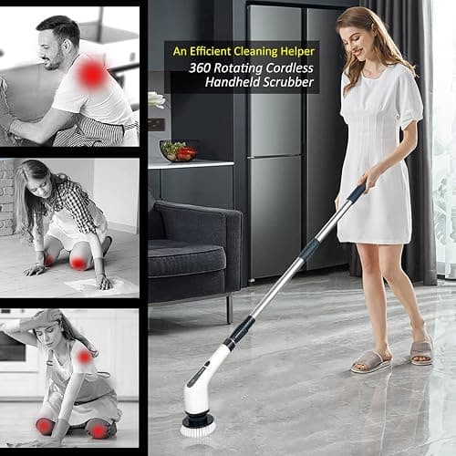 Electric Spin Scrubber, Cordless Bath Tub Power Scrubber with 8 Replaceable Drill Brush Heads, Shower Cleaning Brush with Adjustable Handle for Bathroom, Tile Floor & Car, White, (ANS-8050) thumbnail 2