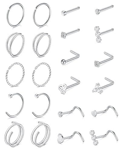 QWALIT 18g & 20g Nose Rings & Hoops - L & C Shape Studs - Surgical Stainless Steel & Silver Nose Piercing Jewelry - Rose Gold & Black - For Women & Men - Image 1