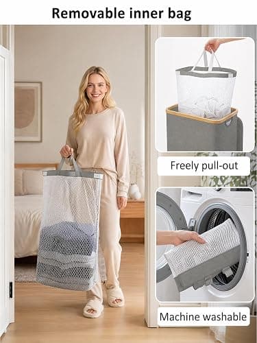 iEGrow Laundry Hamper with Lid, 110L Large Laundry Hamper with Handle and Lid, Collapsible Clothes Basket Organizer with Removable Inner Bag for Clothes Toys Towels - Grey thumbnail 6
