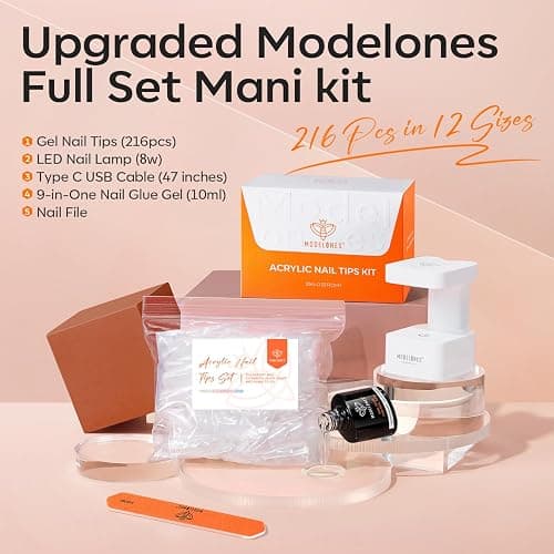 modelones Short Almond Gel Nail Tips Kit, 9-in-One Nail Glue with Portable U V Lamp 216Pcs 12Sizes Pre-Etched Press ons Fake Acrylic Extension Kit DIY Salon Gift for Women thumbnail 3
