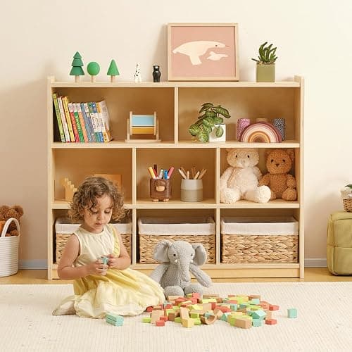 OOOK Montessori Toy Shelf, 3-Tier Large Toy Storage Organizer with 8 Cubby | FSC Plywood, Wooden Storage Cabinet, Montessori Shelf for Playroom, Nursery, Preschool, Classroom, 44.6"W×11.7"D×35.4"H thumbnail 7