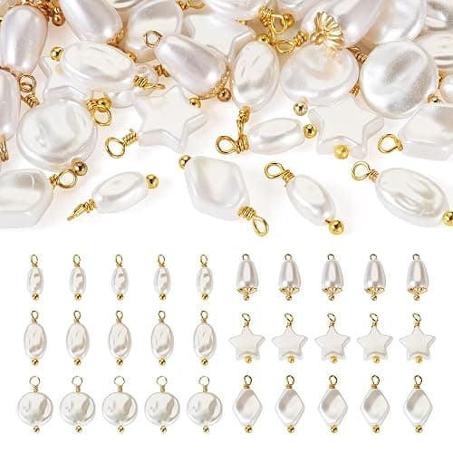 Cheriswelry 48pcs Pearl Pendants Star Flat Round Oval Rhombus Dangle Pearl Charms Real 18K Gold Plated Plastics Pendant 13.5~16mm for DIY Craft Earring Bracelet Necklace Jewelry Making - Image 1