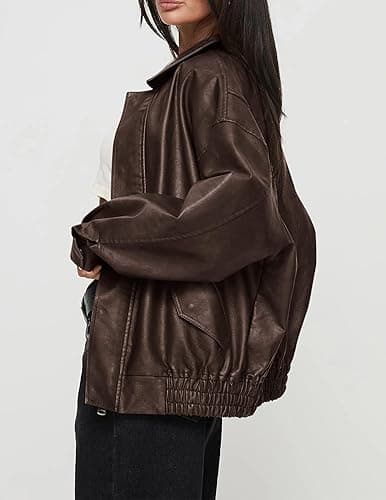 PRETTYGARDEN Women's Faux Leather Motorcycle Jacket Trendy Fall Spring Clothes Oversized Zip Up Winter Coat Outerwear - Medium - Dark Coffee thumbnail 3