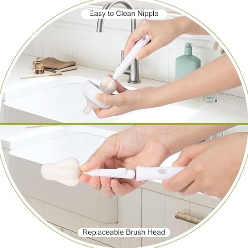 CAREBABYMORE 5-in-1 Baby Bottle Brush Kit, Silicone Bottle Brush for Baby Bottle and Breast Pumps, Sponge Nipple Brush with Replaceable Brush Head, Straw Brushes, Grey thumbnail 6