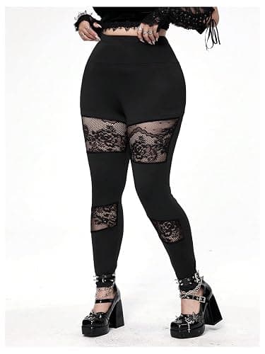 Floerns Women's Plus Size Goth Leggings Patchwork Punk High Waisted Pants thumbnail 4