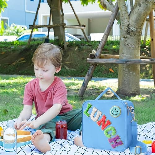Insulated Lunch Bag With Adjustable Shoulder Strap, Nylon Preppy Lunch Box Large Insulated Lunch Bag Reusable Lunch Tote Bag with Smiley Preppy LunchBag for Girls School Travel Picnic (Dark blue) thumbnail 4
