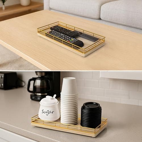 Bathroom Vanity Tray for Countertop, 12" x 6" Oak Wood Toilet Tank Tray with Metal Guardrail, Bathroom Organizer for Soap, Perfume & Skincare, Non-Slip Decorative Tray for Dresser, Gold & Natural Oak thumbnail 7