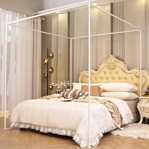 AIKASY Queen Size Canopy Bed Frame with Outer Support, Thickened Metal Poles & Four Corner Brackets, Compatible with Metal/Wood Base for Bedroom Decor (White) - Image 1