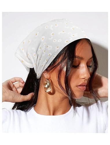 AWAYTR Elastic Hair Scarf Headband - 3 PCS Chiffon Print Floral Hair Scarves with Hair Clips Kerchief Head Bandanas for Women (White/Beige/Purple) thumbnail 5