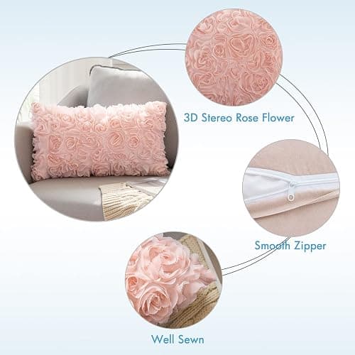 MIULEE 3D Decorative Romantic Valentines Stereo Chiffon Rose Flower Throw Pillow Cover Solid Pillowcase for Girl Women Wedding Sofa Bedroom Car Spring Decor 12x20 Inch 30x50cm Peach Pink thumbnail 3