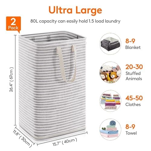Lifewit 2 Pack Laundry Hamper Large Collapsible Laundry Baskets, Freestanding Waterproof Clothes Hamper with Easy Carry Handles in Laundry Room Bedroom Bathroom College Dorm for Adults, Grey, 2 x 80L - Grey - ‎2 x 80L thumbnail 5