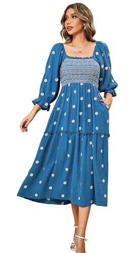 R.Vivimos Women's Long Sleeve Cotton Boho Midi Dress Vintage Square Neck Floral Embroidered Tiered Ruffle Flowy Pockets Dress - Image 1