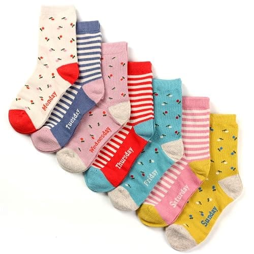 COTTON DAY 7 Days of the Week Gift Box Kids Girls Fashion Short Socks Cute Animal, Floral, Stars, Stripes & Polka Dots Design - Medium - Floral 7 Pack - Image 1