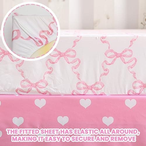Hahafelt 3 Pcs Baby Girls Crib Bedding Set Coquette Pink Bow Baby Bedding Set for Girls Coquettish Pink Heart Bow Infant Nursery Includes Quilt, Fitted Crib Sheet and Skirt thumbnail 7