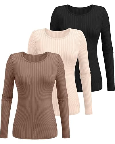 Ficerd 3 Pack Women's Ribbed Long Sleeve Tops, Crew Neck Slim Fit Undershirts Knit Basic Casual Stretch Layering Tee Shirts thumbnail 3
