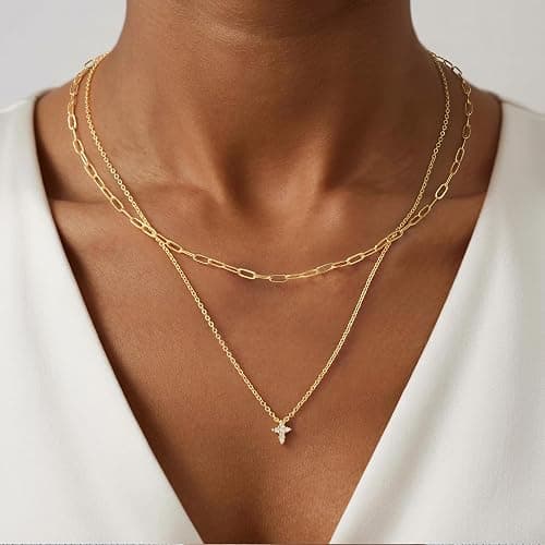 Turandoss Gold Cross Necklace for Women - Dainty 14K Gold Plated Cross Necklace Layered Beaded Infinity CZ Holy Mary Medal Pendant Necklaces for Women Trendy Faith Jewelry First Communion Gifts - Image 1