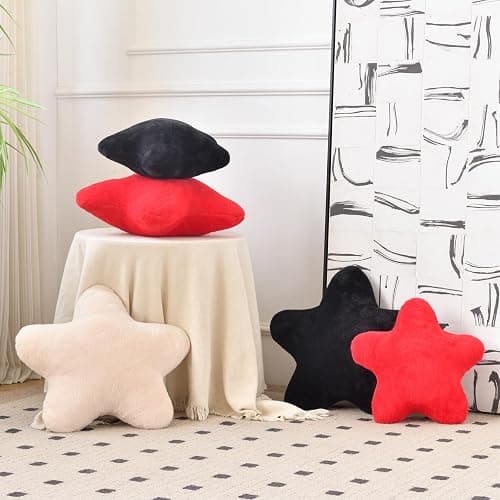 Xiashrk Star Pillow, Decorative Throw Pillows for Bed Couch, 15" Star Shaped Pillow Plush Floor Cushions Room Decor Pillow with Faux Rabbit Fur for Sofa Bedroom Living Room (Red, 15" x 15") thumbnail 4