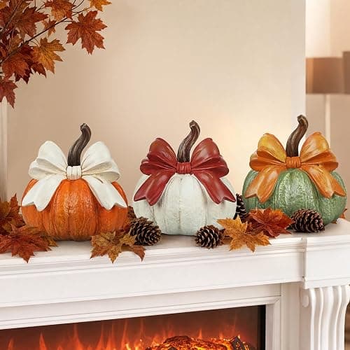 Set of 3 Fall Decorations for Home, Artificial Resin Pumpkin with Bow Decor | Fall Harvest Decorative Rustic Pumpkins Statues Indoor Outdoor Halloween Table Centerpiece Thanksgiving Home Decor thumbnail 7