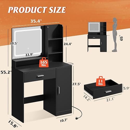 WLIVE 35‘’ Modern Makeup Vanity Desk with Mirror and Lights, Dressing Table with Storage Drawers and 3 Open Shelves for Bedroom, Makeup Table with Power Outlets and Hairdryer Holder, Black thumbnail 2