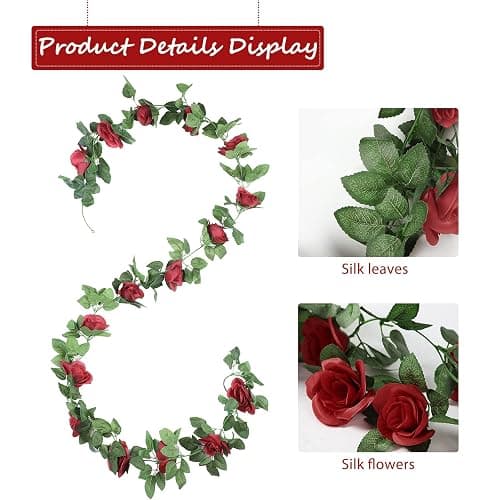 WALL | Amazon | Syhood Artificial Rose Garlands Rose Vines Leaves Banners Hanging Fake Floral Garland Flower Vine for Wedding Arch Ceremony Home Garden Outdoor Party Wall Decorations, 14.4 ft(Wine Red,2 Pieces) - Wine Red - 2 thumbnail 7