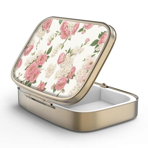 Pill Case Pill Box with Mirror Retro 2 Compartment Small Pill Case for Purse or Pocket Bronze Rectangular Pill Box or Vitamins, Fish Oil, Supplements, Pill Containe Travel Gifts(Retro Pink Floral) - Image 1