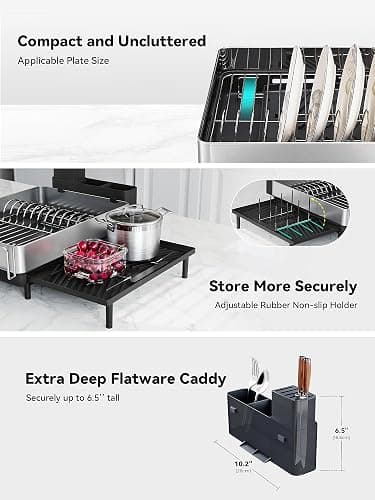 SUNLY Large Dish Drying Rack, Expandable Dish Racks for Kitchen Counter, Space Saving 304 Stainless Steel Drying Rack Kitchen, Extra Large Drainer with Multifunctional Flip Up Pegs, Black thumbnail 6