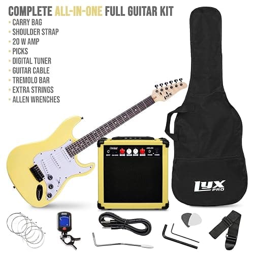 LyxPro 39 inch Electric Guitar Kit Bundle with 20w Amplifier, All Accessories, Digital Clip On Tuner, Six Strings, Two Picks, Tremolo Bar, Shoulder Strap, Case Bag Starter kit Full Size - Retro Yellow thumbnail 2