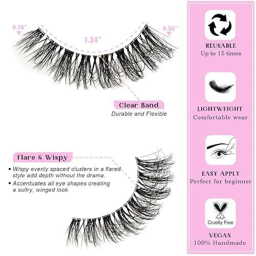 QUNETY Lashes Wispy False Eyelashes Cat Eye Lash Strips Natural Fake Eyelash Mink Strip Lash Pack 14 Pairs Lightweight Fluffy Cateye Lashes Soft Cotton Band 7-14mm Wispies Easy Eyelashes Natural Look thumbnail 2