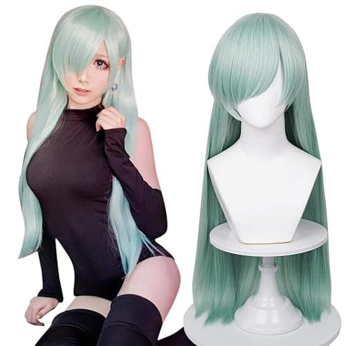 Probeauty Long Green Cosplay Wig Mint Anime Striaght Wigs + Hair Cap for Halloween Costume Party - Image 1