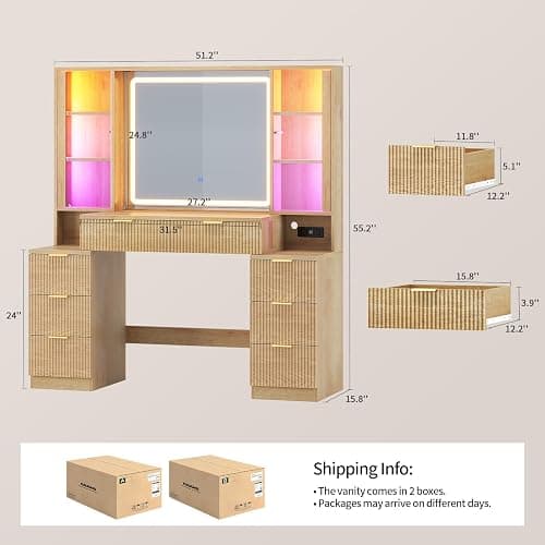 Big Vanity, Fluted Wood Makeup Vanity with Mirror Lights, Oak Vanity Desk | Large, Charging Station, Sound Sync Chasing LED Lights, Wood Vanities, Luxury Glass Cabinets, 8 Drawers, Girls, Women thumbnail 2