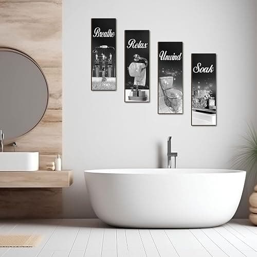 Honoson 4 Pcs Silver and Black Bathroom Decor Bathroom Picture Wall Art | Wooden, 11.8 x 3.9 Inch, Farmhouse Hanging Sign with Soak Unwind Relax Breathe, Wall Decor for Spa Laundry Home thumbnail 7