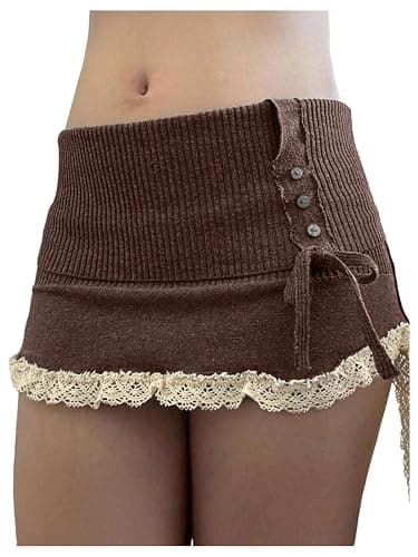 GORGLITTER Women's Lace Bodycon Mini Skirts Y2k Bow High Waisted Color Block Sweater Knit Pencil Skirts - Image 1