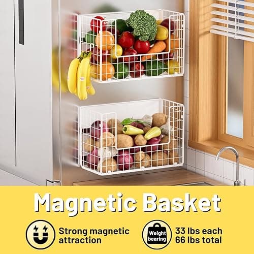 Ofiray-home Magnetic Fridge Shelf, Fruit Potato & Onion Storage Bins, Pantry Organizers, Large Container Basket for Refrigerator, Kitchen Counter, Cabinet (2, White) thumbnail 3