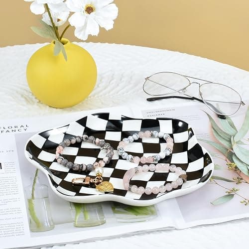 Koythin Jewelry Tray, Ceramic Jewelry Dish Trinket Tray Organizer, Checkered Pattern Aesthetic Decorative for Kitchen, Bathroom (Black and White Checkerboard) thumbnail 2