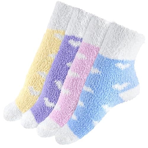 PLULON 4 Pairs Fuzzy Socks Women Non Slip Socks Winter Warm Cozy Sleep Slipper Hospital Fluffy Socks Grips Home Christmas - Image 1