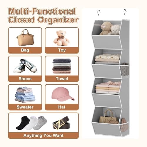 Hanging Closet Organizer 4 Shelf Collapsible Bedroom Closet Organizers and Storage Hanging with Mesh Pockets for Clothes, Fabric Hanging Storage Bins for Wardrobe Closet Organization and Storage, Grey thumbnail 6