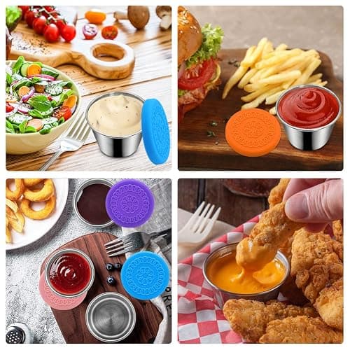Winceed 6Pack 2.4oz Salad Dressing Container To Go, Small Stainless Steel Condiment Containers with Silicone Lids, Leakproof Reusable Dipping Sauce Cups for Lunch Box thumbnail 6