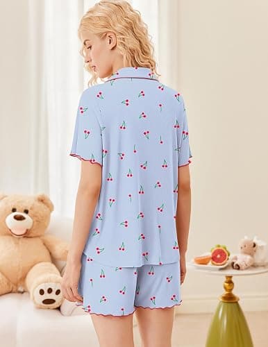 Ekouaer Button Up Pajamas Set for Women Short Sleeve Ribbed Knit Sleepwear 2 Piece Pjs Shorts Set thumbnail 3