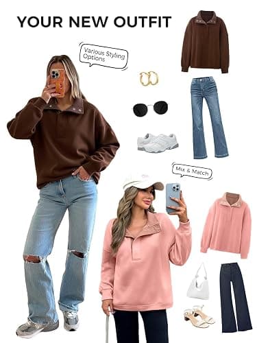 Fisoew Womens Oversized Sweatshirt Casual Snap Stand Collar Long Sleeve Pullover Tops Fall Travel Outfits thumbnail 5