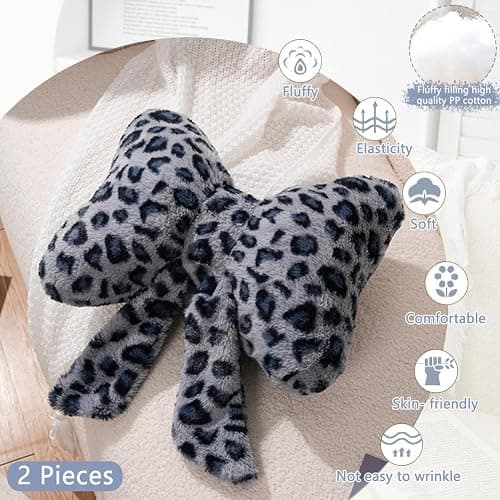 GKWW Leopard Print Throw Pillow Furry Bow Plush Pillows Cute Flower Plush Pillow Cheetah Home Decor Stuffed Bow Lumbar Pillow for Bed Couch Living Room Decor (Blue, 16in) thumbnail 3