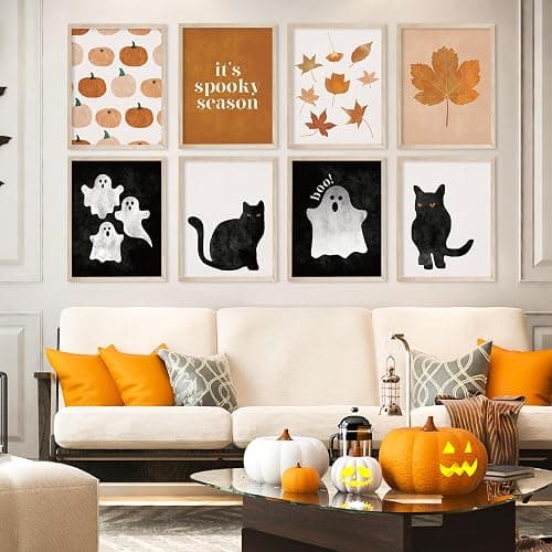JarThenaAMCS 12Pcs Halloween Wall Art Prints Boho Ghost Pumpkin Black Cat Art Poster Black Orange Wall Decor For Fall Gallery Living Room Bedroom, UNFRAMED, 11 x 14 Inch thumbnail 6