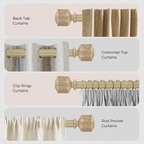 Decorative Wood Curtain Rods for Windows 48 to 84, 1 Inch Heavy Duty Boho Curtain Rod Adjustable with Imitation Wooden Grain Leaf Pattern Finials for Farmhouse/Kitchen/Bedroom, 32"-90" thumbnail 6