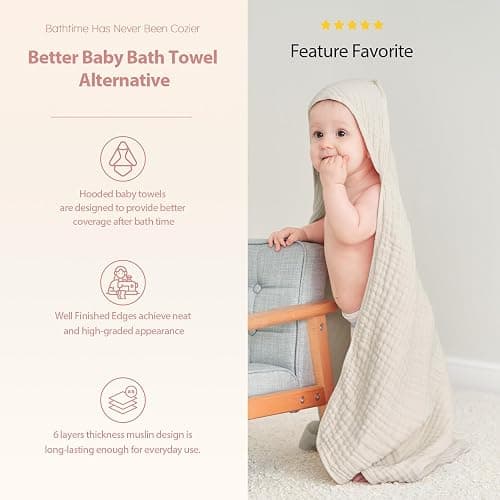 Unnivoll Hooded Baby Towels for Newborn - 2 Pack, 100% Muslin Cotton, Baby Bath Towels with Hood, Soft and Absorbent for Girls Infant, Toddler and Kids, Large 32x32 Inches, Newborn Essential thumbnail 5