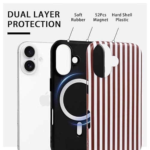 NITITOP Compatible with iPhone 16 Plus Case Cute Matte Magnetic Compatible with MagSafe Vertical Striped for Woman Girl Man Boy Hybrid 2 Layers Back Shockproof Protective Cover - Wine Red White thumbnail 2
