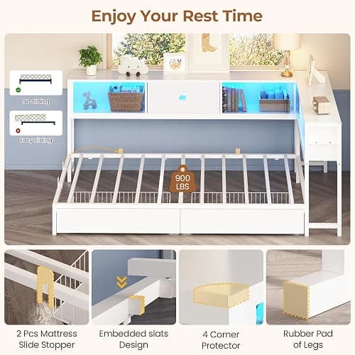 Hasuit Corner Twin Bed Frame with Storage Drawers and Bookcase Headboard, Twin Size Metal Platform Corner Bed Frame with Charging Station and LED Lights, Twin Daybed for Kids Teens Guests, White thumbnail 8