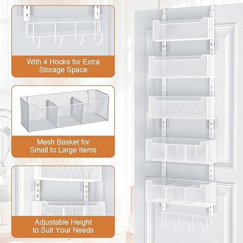 VyGrow Over The Door Organizer, Metal Door Organizer Hanging with 5 Adjustable Baskets and Coat Hook, Behind The Door Storage for Bedroom Closet Bathroom Pantry Cabinet Kitchen, White thumbnail 5