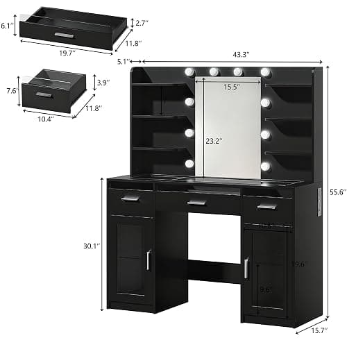 HUAHUU Vanity Desk, Makeup Vanity Desk with Mirror and Lights 3 Colors, Transparent Top with 3 RGB Drawers, 6 Shelves, 2 Large Tempered Cabinets, Power Outlet, for Bedroom, Black thumbnail 2