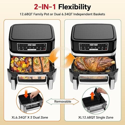 Emphsism 1600W Dual Zone Air Fryer Oven,12.69QT with Divider,Nonstick & Dishwasher-Safe Basket,Match Cook & Smart Finish to Roast,Recipes for Easy Cooking,Digital Touchscreen,Metal Sliver thumbnail 6