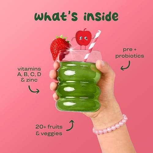 Bloom Nutrition Superfood Greens Powder for Kids, Digestive Enzymes, Probiotics, Prebiotics, Gut Health, Chlorella, Green Juice Mix w/Beet Root Powder (25 Servings (Pack of 1), Strawberry Apple) thumbnail 3